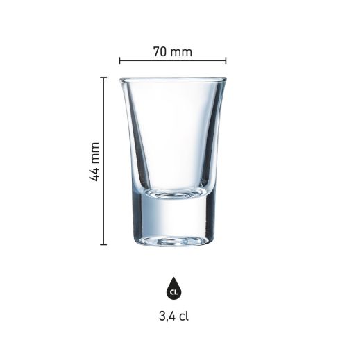 Infographic van het HotShot glas 3,4 cl met hoogte en diameter.