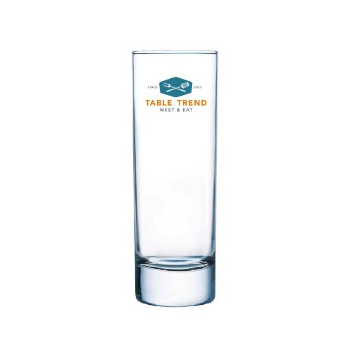 Longdrinkglas 22 cl van glas met TableTrend-logo in meerdere kleuren op het vooraanzicht.