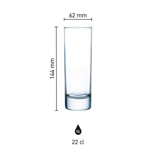 Infographic toont productafmetingen van Islande longdrinkglas 22 cl.