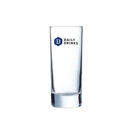 Islande longdrinkglas 17 cl. met bedrukt logo DailyDrinks in meerdere kleuren op de voorzijde.