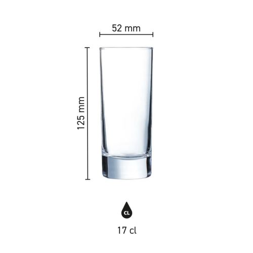 Infographic met maatvoering van Islande longdrinkglas 17 cl, inclusief hoogte en diameter.