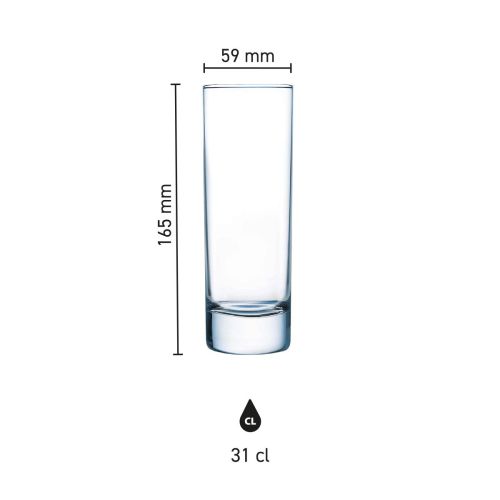 Infographic toont productafmetingen van Islande longdrinkglas 31 cl. met hoogte en diameter.