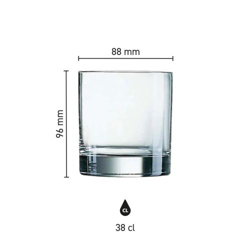 Infographic toont hoogte, diameter en inhoud van het Islande Tumbler glas 38 cl.