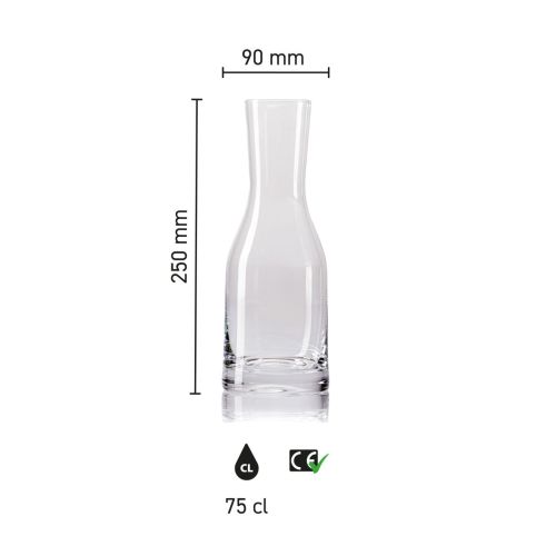 Infographic toont hoogte, breedte en inhoud van de glazen karaf Le Marc 75 cl. met maatverdeling.