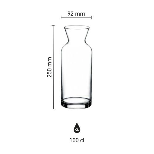 Infographic toont hoogte, diameter en inhoud van glazen karaf Village 1,00 liter.