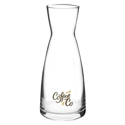 Glazen Karaf Ypsilon 1 liter met full-colour CoffeeCo-logo op de voorzijde, helder zichtbaar.