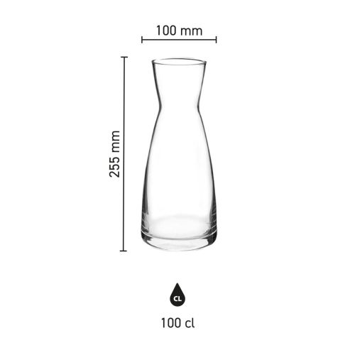 Infographic van Karaf Ypsilon 1 liter glas met hoogte- en diameterverdeling.