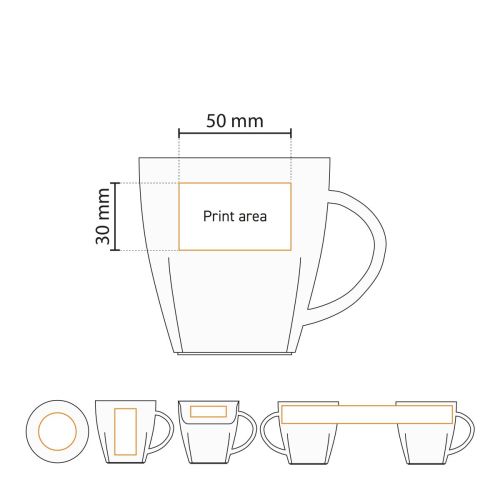 Technische werktekening toont drukgebied voor bedrukking op de Kirsten mok 30 cl.
