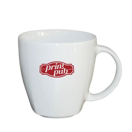 Eénkleurig logo van PrintPub op voorzijde van Kirsten mok wit 30 cl bedrukt.