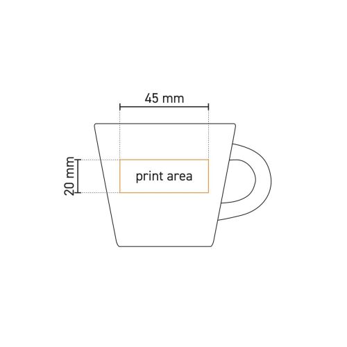 Technische tekening toont bedrukbaar oppervlak op koffiekop Neo Budgetline 19 cl. van wit porselein.