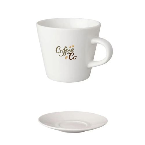 Koffie Neo Budgetline wit 19 cl. SET  met meerkleurig CoffeeCo-logo op het vooraanzicht van het servies.