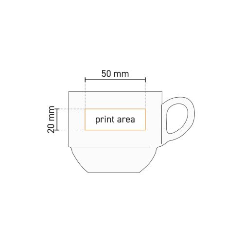 Technische werktekening van koffiekop Mammoet Budgetline 20 cl. porselein met aanduiding drukgebied.