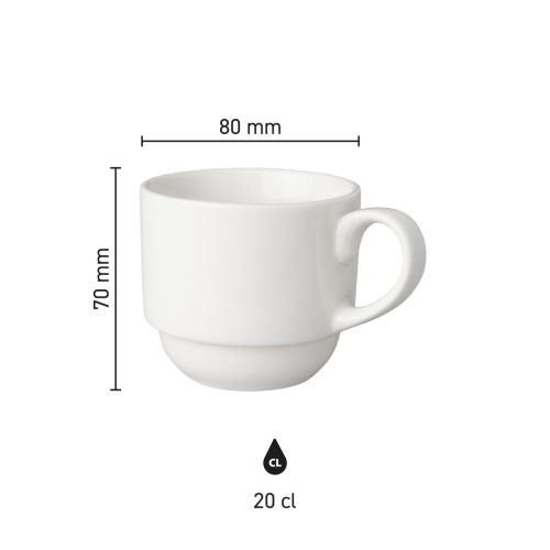 Infographic toont de afmetingen van koffiekop Mammoet Budgetline 20 cl. porselein met doorsnede en hoogte.