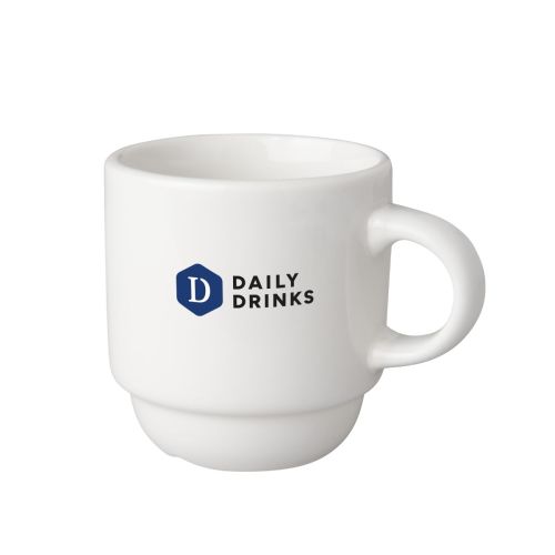 Witte koffiekop 14 cl met meerkleurig DailyDrinks-logo gecentreerd op het vooraanzicht gedrukt.