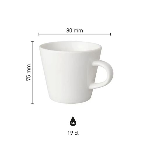 Infographic met afmetingen van porseleinen koffiekop Neo Budgetline 19 cl, inclusief diameter en hoogte.