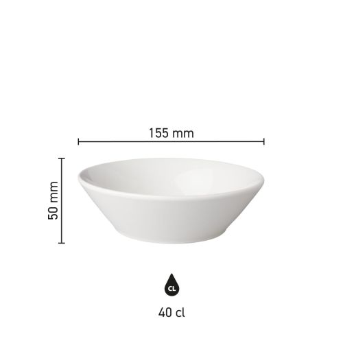 Infographic met afmetingen van porseleinen kom Mammoet Neo Budgetline 15,5 cm inclusief diameter en hoogte.