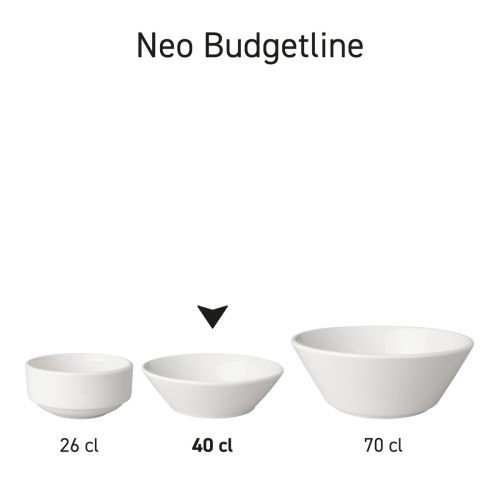 Overzichtsbeeld van serie porseleinen kommen Mammoet Neo Budgetline 15,5 cm in verschillende opstellingen.