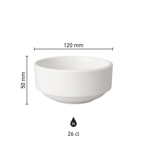 Infographic met afmetingen van porseleinen kom Budgetline 11 cm, inclusief diameter en hoogte in beeld.