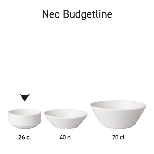 Overzicht van porseleinen kommen Budgetline in serieopstelling, wit model in diverse posities.