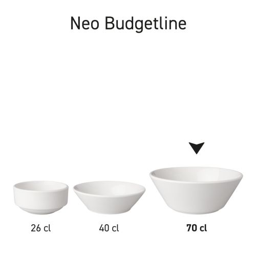 Overzicht van porseleinen kommen Neo Budgetline in serieopstelling met variatie in inhouden.