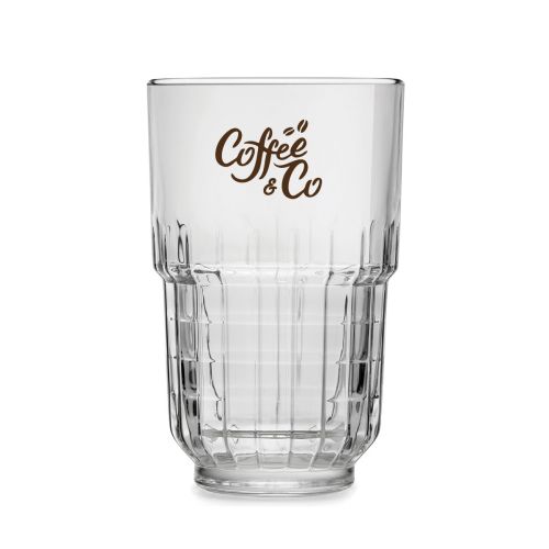 Eénkleurige opdruk van CoffeeCo-logo zichtbaar op voorzijde van Onis 34,5 cl glas.