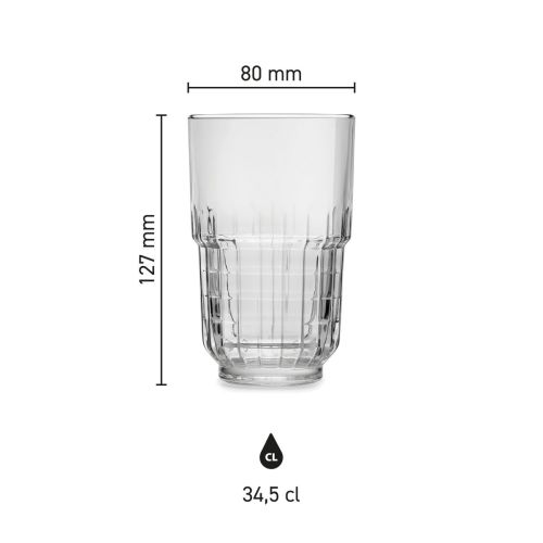 Infographic toont hoogte, diameter en inhoud van het longdrinkglas Onis 34,5 cl.