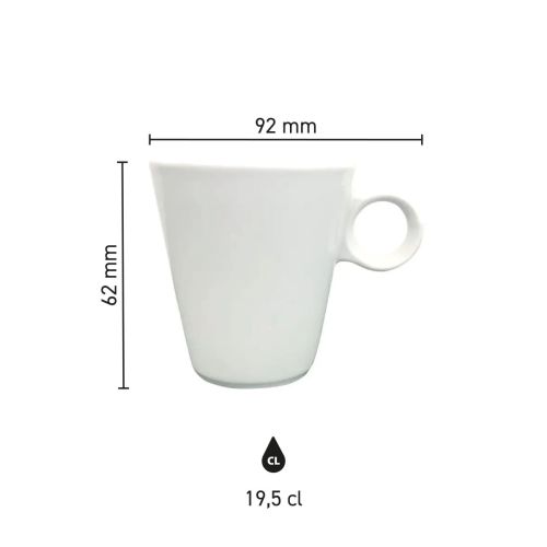 Overzicht van de afmetingen van de Lukas cappuccinokop 19.5 cl wit porselein in grafische weergave.