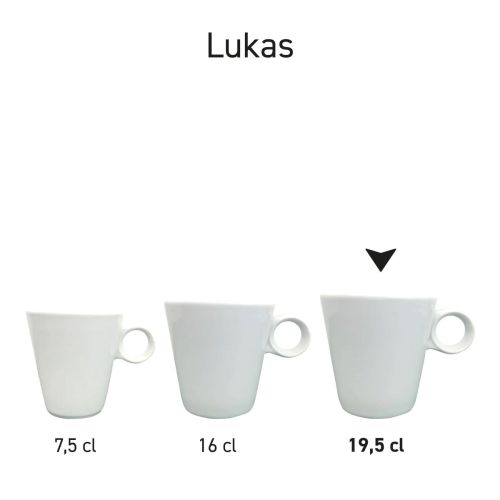 Serie witte Lukas cappuccinokoppen van porselein, geordend naast elkaar.