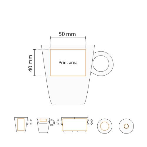 Technische werktekening van de Lukas Cappuccino wit 19.5 cl. Set met aanduiding van het drukgebied.