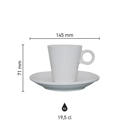 Infographic met de productafmetingen van de Lukas Cappuccino wit 19.5 cl. Set.