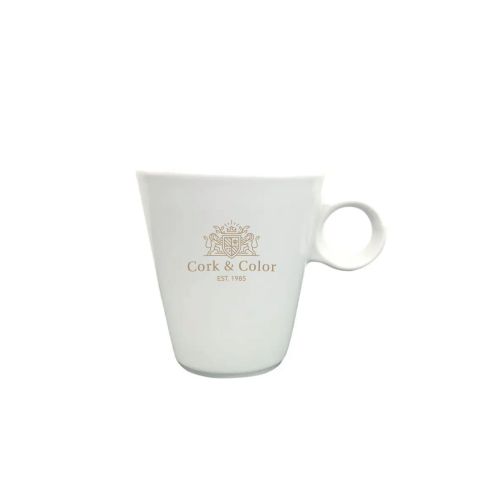 Witte espresso kop van 7,5 cl met éénkleurig CorkColor-logo bedrukt op de voorzijde.