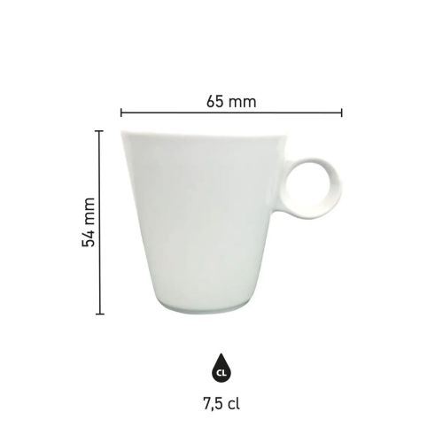 Infographic met productafmetingen van de Lukas espresso kop 7,5 cl, inclusief hoogte en diameter.