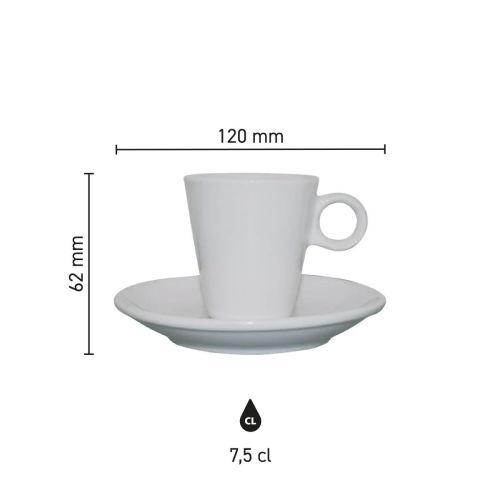Infographic met productafmetingen van de Lukas espresso wit 7.5 cl SET porselein.