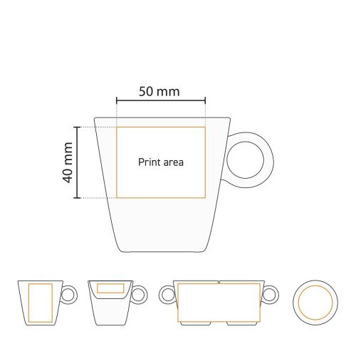 Technische werktekening van de Lukas koffiekop 16 cl. met aanduiding van het drukgebied.