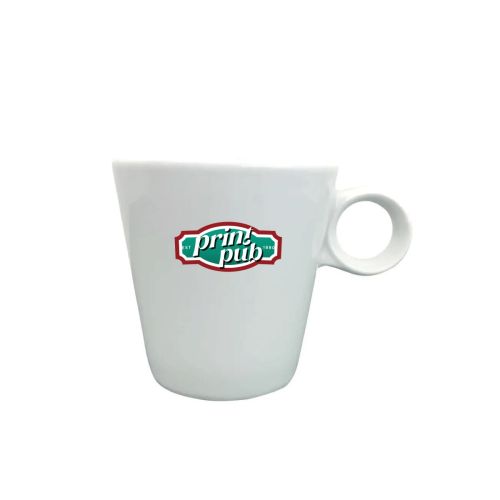 Lukas koffiekop van 16 cl met kleurrijk PrintPub-logo in full-colour op het glas gedrukt.