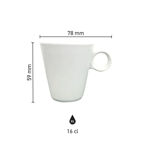 Infographic met productafmetingen van de Lukas koffiekop 16 cl, inclusief diameter en hoogte.
