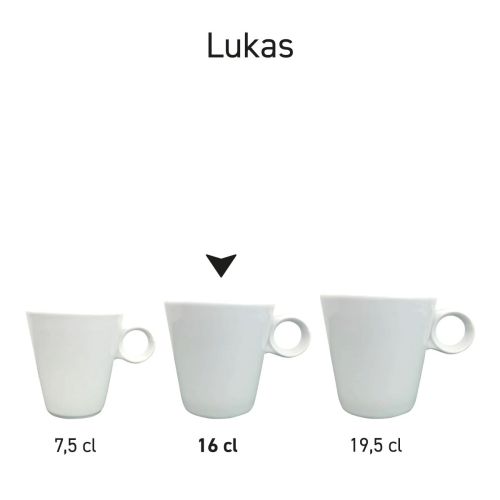 Serie witte Lukas koffiekoppen met verschillende afmetingen gepresenteerd naast elkaar voor visuele vergelijking.