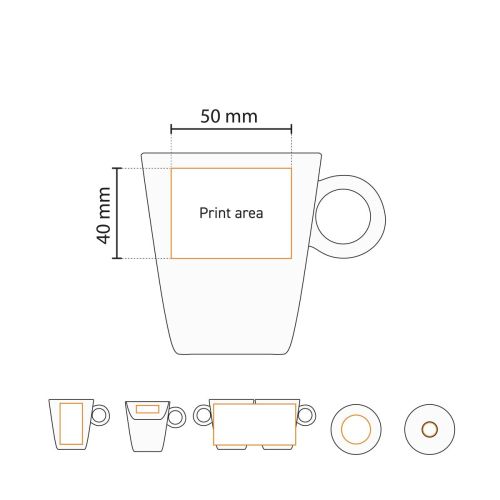 Technische werktekening met aanduiding van het drukgebied op de Lukas koffie wit 16 cl. set