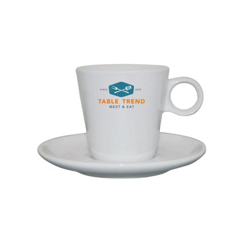 Lukas koffie wit 16 cl. set porselein met meerkleurig TableTrend-logo aan de voorzijde.