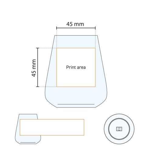 Technische werktekening van het Mencia whiskyglas 35 cl. met weergave van het drukgebied.