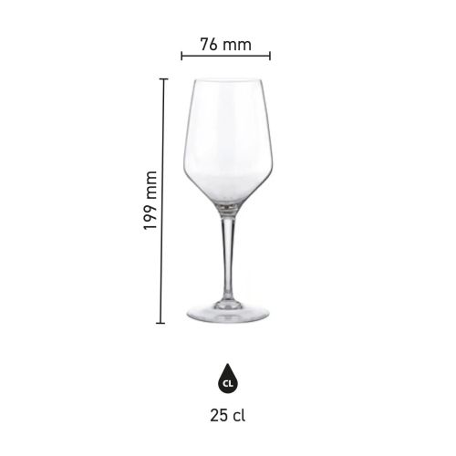 Infographic toont de exacte afmetingen van het Mencia wijnglas 25 cl. in millimeters.