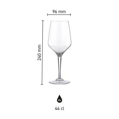 Infographic toont de afmetingen van het Mencia wijnglas 44 cl. in millimeters.
