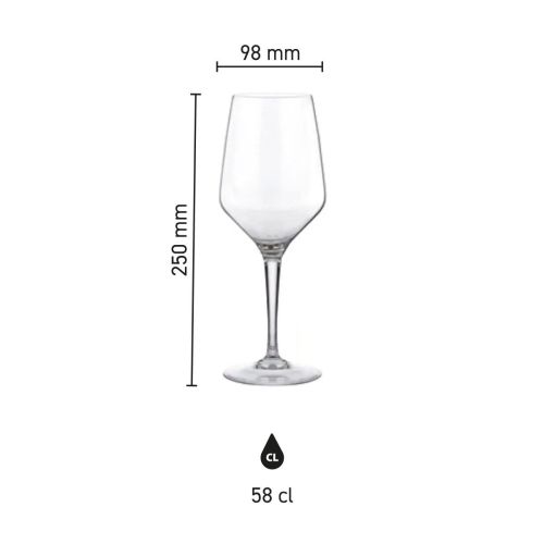 Infographic met hoogte en diameter van het Mencia wijnglas 58 cl. weergegeven.
