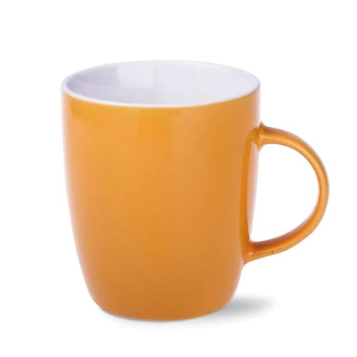 Vooraanzicht van de Mini Specta mok van 28 cl. uitgevoerd in geel porselein met rechte wand en oor.