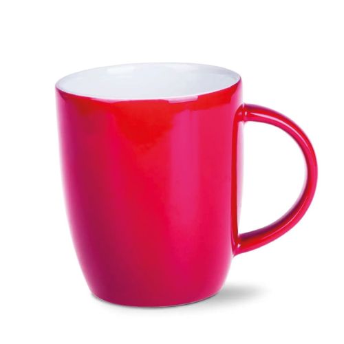 Vooraanzicht van de Mini Specta mok van 28 cl. uitgevoerd in rood porselein met rechte wand en oor.