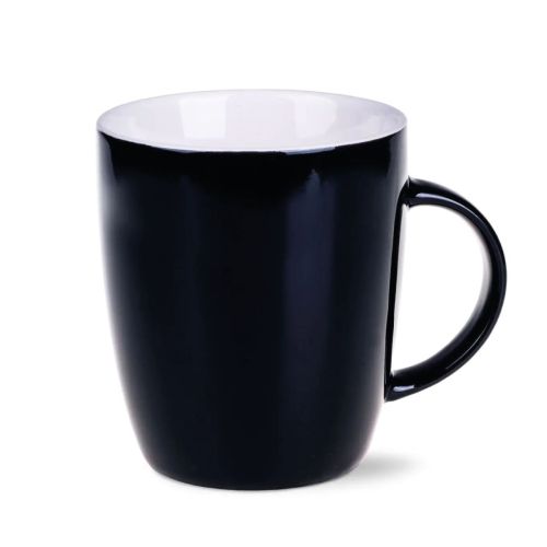 Vooraanzicht van de Mini Specta mok van 28 cl, uitgevoerd in zwart porselein met rechte wand en oor.