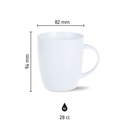 Infographic met hoogte, diameter en inhoud van de Mini Specta mok 28 cl. in duidelijke schaalweergave.