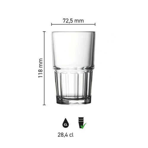Infographic met hoogte en diameter van het Next Longdrink Stapelglas 28,4 cl.