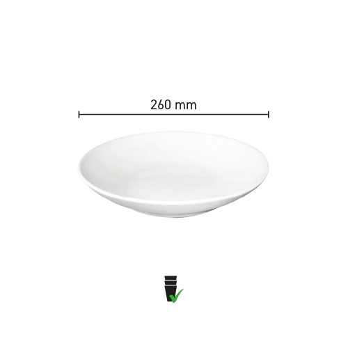 Infographic toont de diameter van wit porseleinen Hotel pastabord 26 cm.