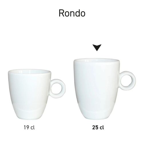 Rondo mokken van porselein gepresenteerd in serie met identieke vorm en verschillende inhoudsmaten.